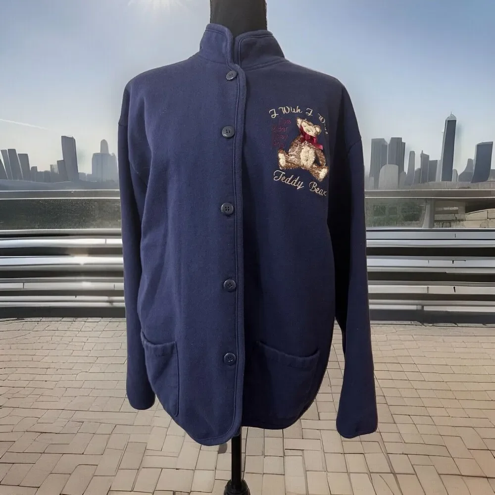 VTG Decorated Originals Teddy‎ Bear Fleece Navy XL Jacket with Embroidery Retro